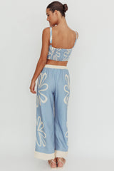 Floral Wide Leg Pants Beige Blue