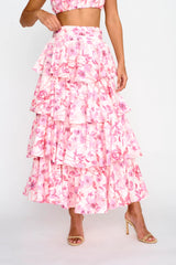 Tiered Frill Maxi Skirt Floral Pink