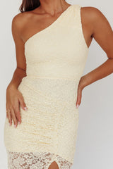 One-Shoulder Split Midi Dress Lace Yellow