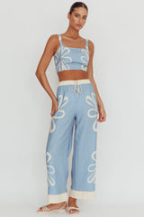 Floral Wide Leg Pants Beige Blue