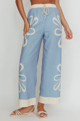 Floral Wide Leg Pants Beige Blue