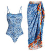 Blue And White Porcelain Print One Piece Swimsuit Set