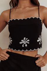Flower Embroidery Cropped Top Black