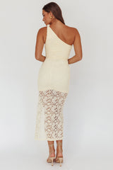 One-Shoulder Split Midi Dress Lace Yellow