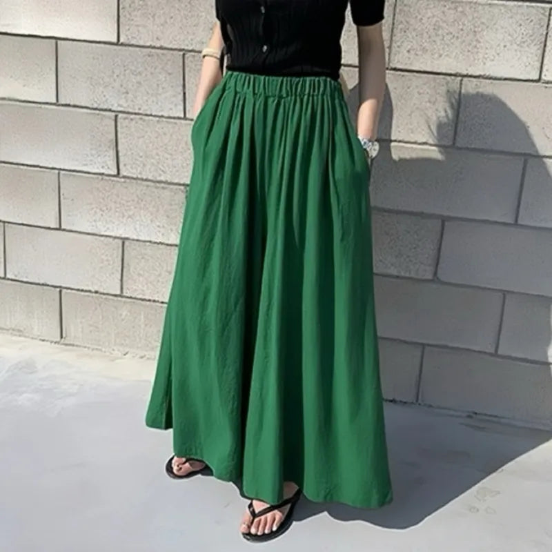 Women's Green High-Waisted Wide-Leg Culottes, Summer Flowy Loose Cotton Linen Skirt Pants with Pockets