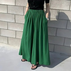 Women's Green High-Waisted Wide-Leg Culottes, Summer Flowy Loose Cotton Linen Skirt Pants with Pockets
