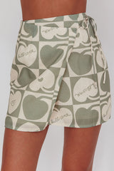 Cherry Print Mini Wrap Skirt Sage Beige