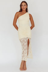 One-Shoulder Split Midi Dress Lace Yellow
