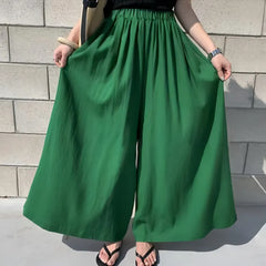 Women's Green High-Waisted Wide-Leg Culottes, Summer Flowy Loose Cotton Linen Skirt Pants with Pockets