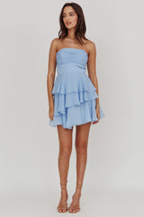 Strapless Ruffle Mini Dress Blue