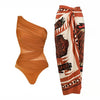 One Shoulder  Printed Wrap Skirt Swimsuit Set