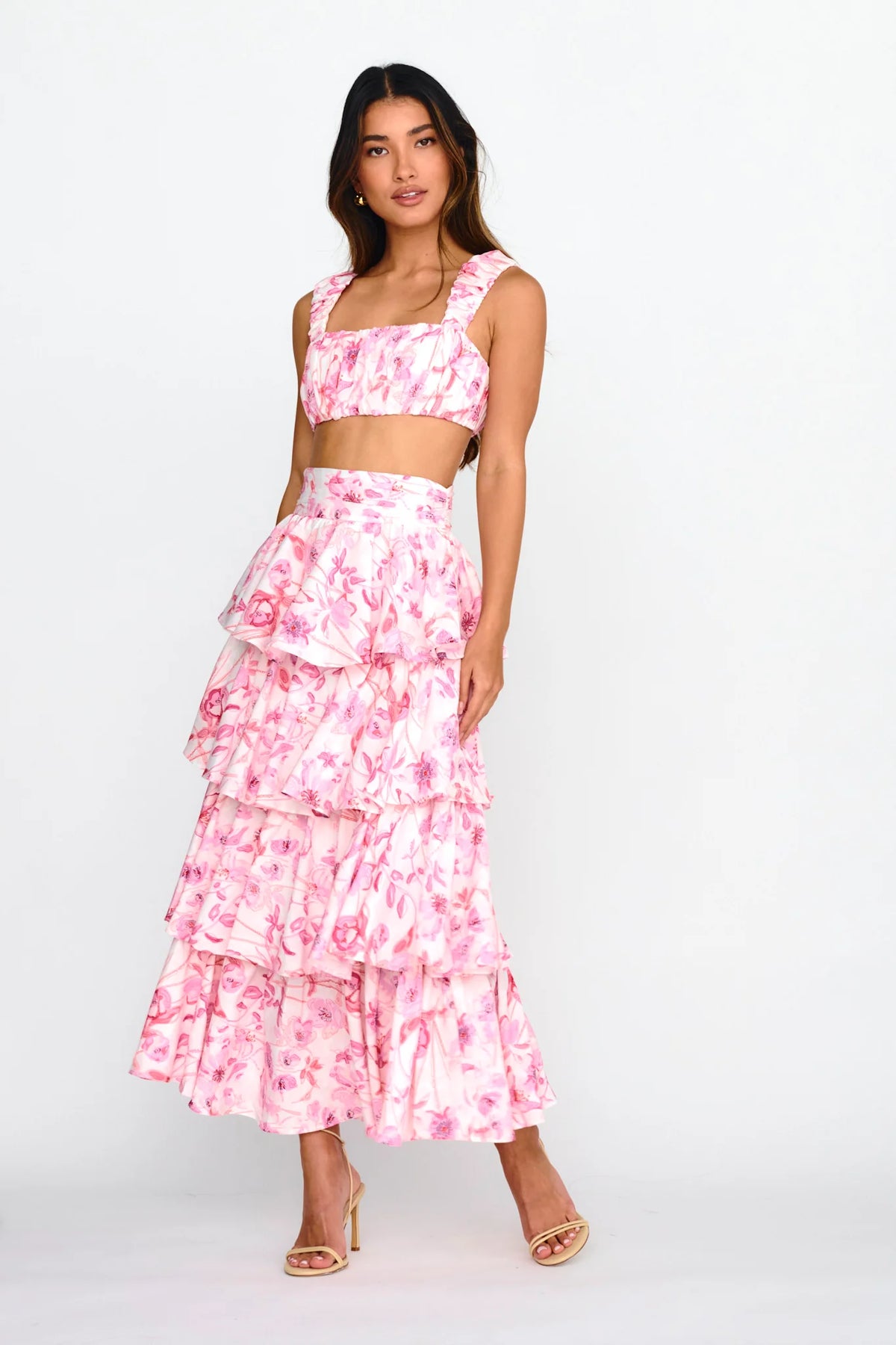 Tiered Frill Maxi Skirt Floral Pink