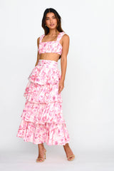 Tiered Frill Maxi Skirt Floral Pink